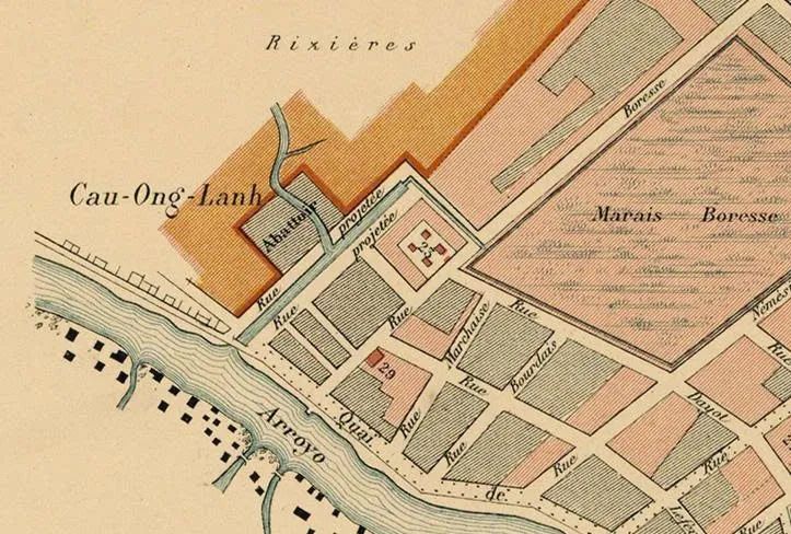 Bản đồ Sài Gòn 1878, cầu Ông Lãnh khi đó nối liền đường Quai de I’Arroyo Chinois Bản đồ Sài Gòn 1878, cầu Ông Lãnh khi đó nối liền đường Quai de I’Arroyo Chinois