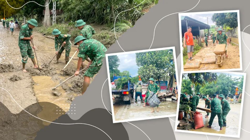 Đồn Biên phòng Tam Hợp hỗ trợ người dân khắc phục hậu quả bão lũ. Ảnh: MINH TUẤN - HOÀNG NGỌC