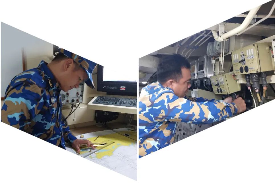 Luyện tập tác nghiệp vận động đội hình trên tàu 382 (ảnh trái). Trang thiết bị được kiểm tra kỹ càng, đảm bảo ở trạng thái tốt nhất cho thực hiện nhiệm vụ Luyện tập tác nghiệp vận động đội hình trên tàu 382 (ảnh trái). Trang thiết bị được kiểm tra kỹ càng, đảm bảo ở trạng thái tốt nhất cho thực hiện nhiệm vụ