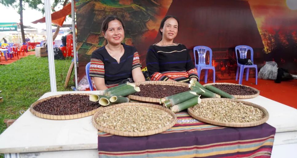 Nghệ nhân Jrai chuẩn bị nguyên liệu trình diễn cách uống cà phê lâu đời của các buôn làng Tây Nguyên Nghệ nhân Jrai chuẩn bị nguyên liệu trình diễn cách uống cà phê lâu đời của các buôn làng Tây Nguyên