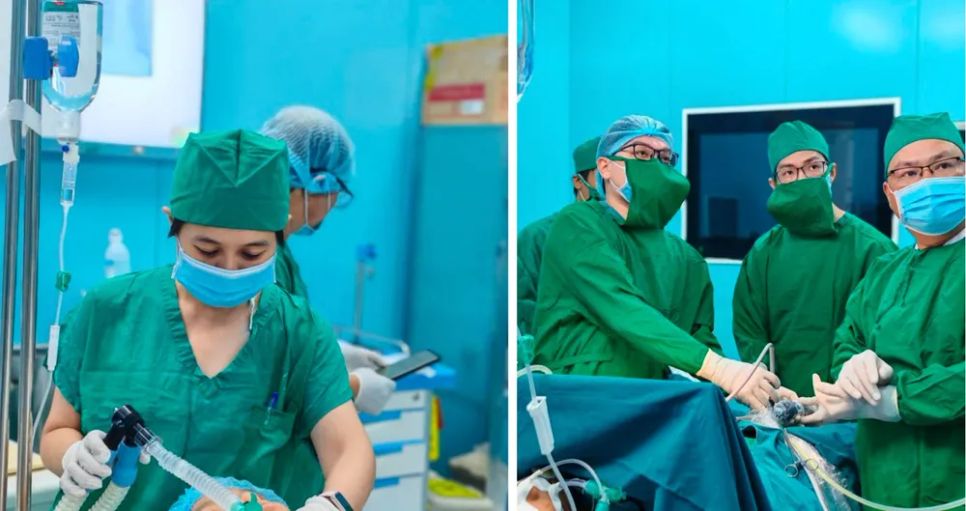 BS-CKI Nguyễn Thị Thanh Trúc (BV Bình Dân) trực tiếp gây mê, BS-CKII Vũ Khương An (BV Bình Dân) phẫu thuật viên chính cùng với êkíp y, bác sĩ của Trung tâm Y tế Quân dân y Côn Đảo đang phẫu thuật nội soi cho người bệnh