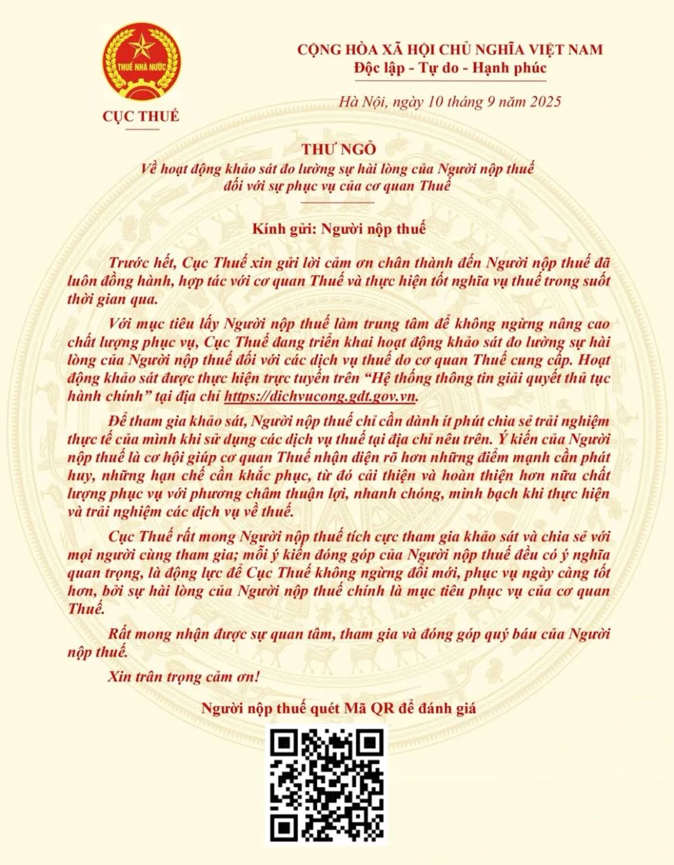 <p>Thư ngỏ của Cục Thuế gửi người nộp thuế</p>