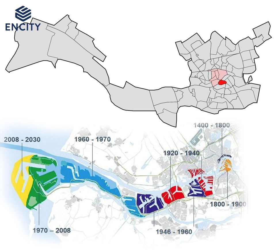 Hình 3: Thành phố Rotterdam, bắt đầu từ khu vực màu đỏ, có địa giới được diều chỉnh kéo dài ra tới biển để nắm thế ‘độc quyền’ về hải cảng. Hình dưới: quá trình phát triển cảng Rotterdam bắt đầu từ thế kỷ 15.
