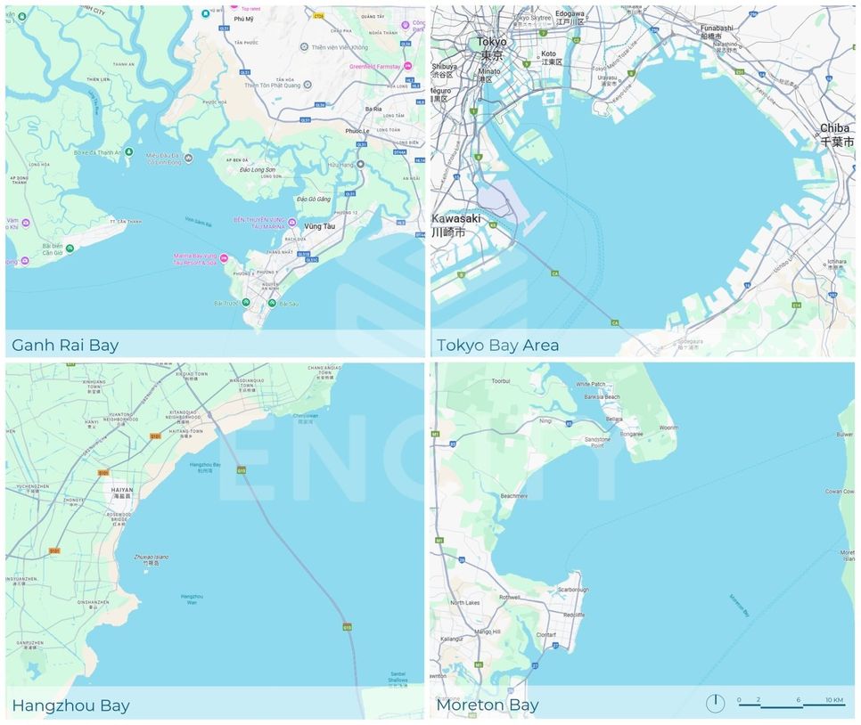 Hình 6: Bản đồ cùng tỷ lệ so sánh Vịnh Gành Rái với Tokyo Bay Area (Nhật Bản), vịnh Hangzhou (Trung Quốc), và vịnh Moreton (Brisbane, Úc)