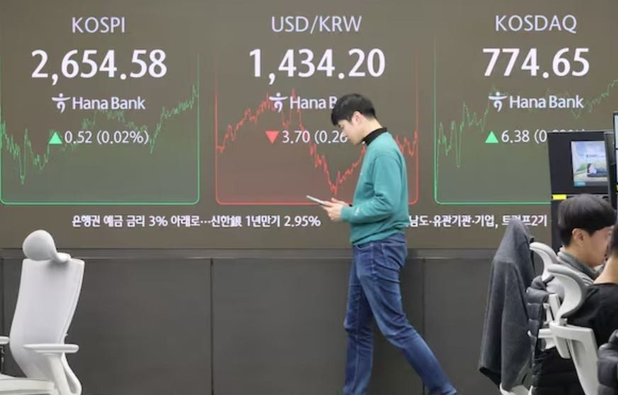Bảng điện hiển thị điểm của chỉ số chứng khoán chuẩn Kospi ở phòng giao dịch của ngân hàng Hana Bank tại Seoul, Hàn Quốc. Ảnh: Yonhap Bảng điện hiển thị điểm của chỉ số chứng khoán chuẩn Kospi ở phòng giao dịch của ngân hàng Hana Bank tại Seoul, Hàn Quốc. Ảnh: Yonhap