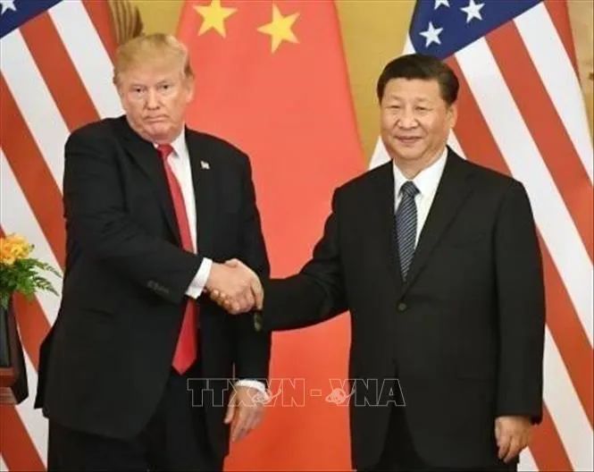 Chủ tịch Trung Quốc Tập Cận Bình (phải) và Tổng thống Mỹ Donald Trump tại cuộc gặp ở Bắc Kinh năm 2017. Ảnh tư liệu: Kyodo/TTXVN Chủ tịch Trung Quốc Tập Cận Bình (phải) và Tổng thống Mỹ Donald Trump tại cuộc gặp ở Bắc Kinh năm 2017. Ảnh tư liệu: Kyodo/TTXVN
