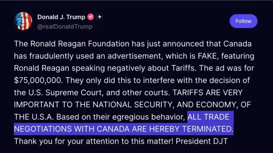 Trên mạng xã hội Truth Social, ngày 23-10, Tổng thống Mỹ Donald Trump tuyên bố ngừng toàn bộ các cuộc đàm phán thương mại với Canada. Trên mạng xã hội Truth Social, ngày 23-10, Tổng thống Mỹ Donald Trump tuyên bố ngừng toàn bộ các cuộc đàm phán thương mại với Canada.