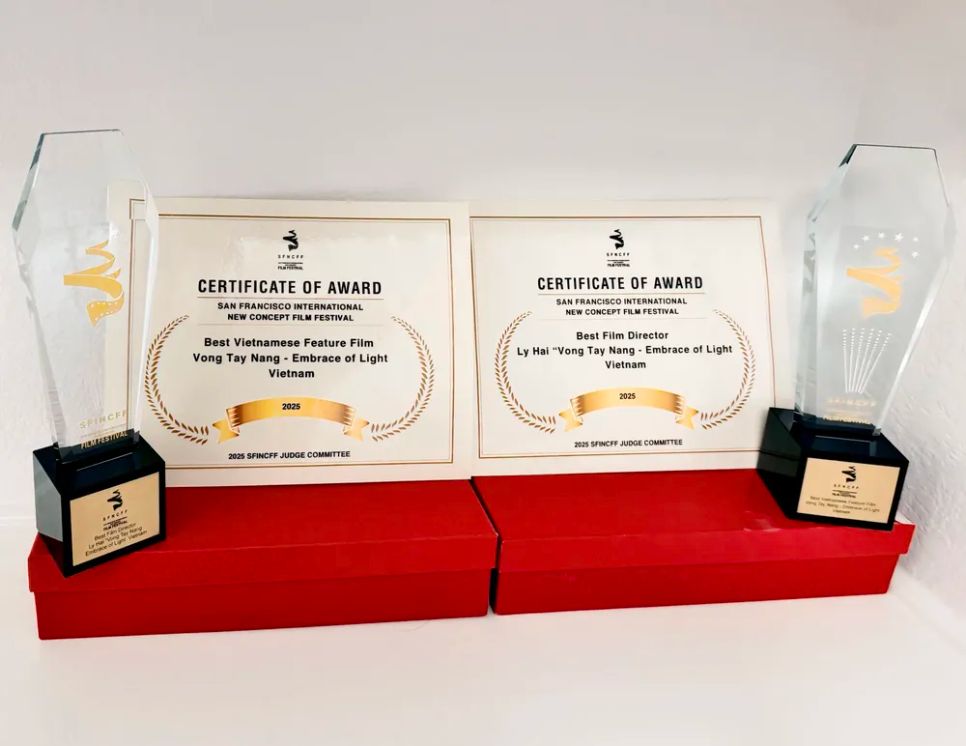 <i>Cúp và bằng chứng nhận hai giải thưởng cho đạo diễn Lý Hải và Lật mặt 8: Vòng tay nắng. Ảnh: NVCC</i>