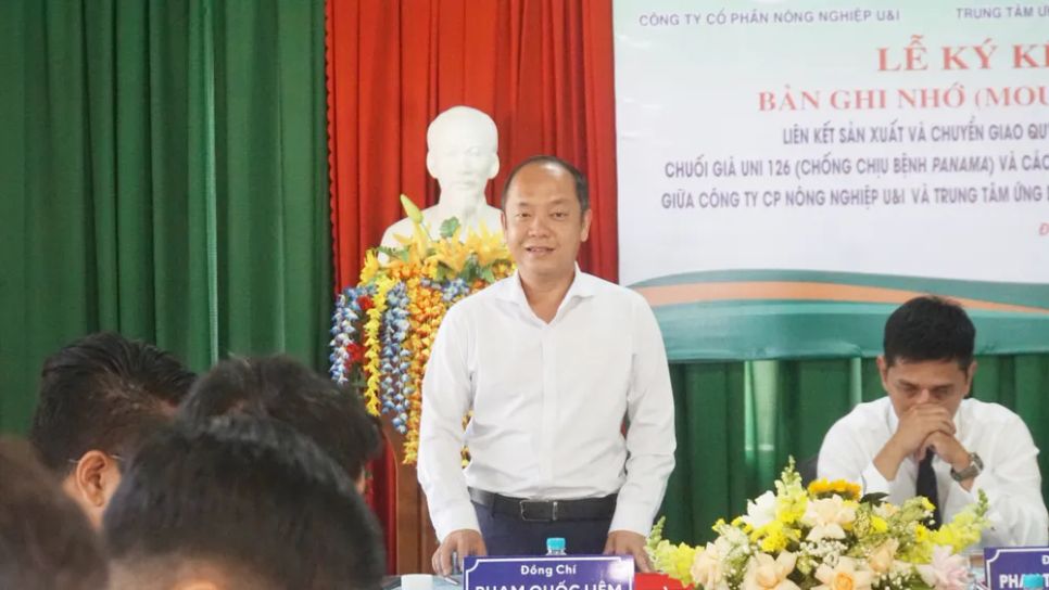 Ông Phạm Quốc Liêm, Tổng Giám đốc Công ty cổ phần Nông nghiệp U&I (Unifarm) phát biểu tại buổi lễ