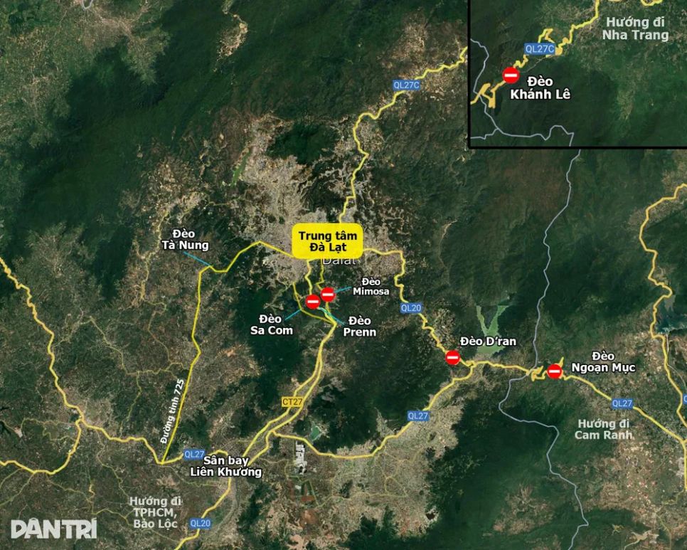 Nhiều tuyến đèo huyết mạch kết nối từ Đà Lạt đi các hướng đã bị chia cắt. Đèo Tà Nung và Sa Com cũng xuất hiện nhiều điểm sạt lở, nguy cơ chia cắt cao (Đồ họa: Ngọc Tân-Dân Trí).