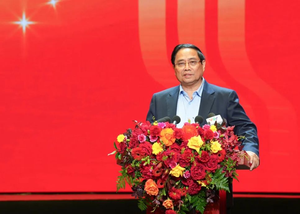 Thủ tướng Phạm Minh Chính phát biểu chỉ đạo tại Đại hội thi đua yêu nước ngành ngân hàng lần thứ 9, chiều 24-11. Ảnh; NHNN