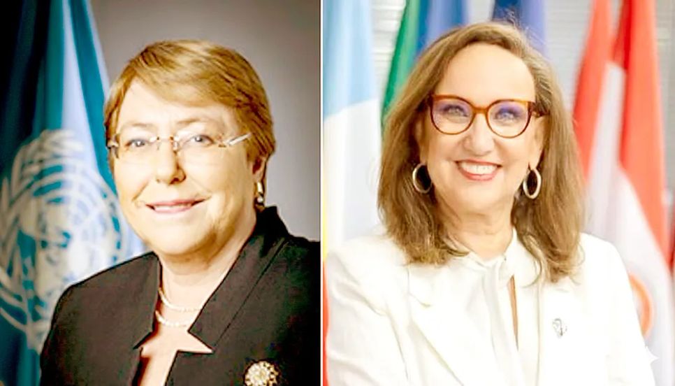 Bà Michelle Bachelet (trái) và bà Rebeca Grynspan, 2 nữ ứng viên tiềm năng cho chức vụ Tổng Thư ký LHQ nhiệm kỳ 2027-2032. Ảnh: UN