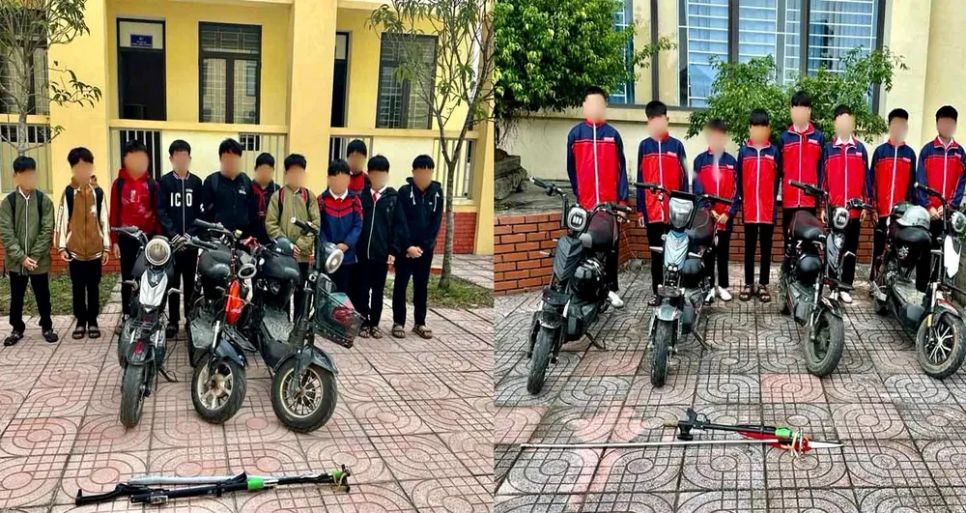 Hai nhóm học sinh cùng hung khí tại cơ quan công an. Ảnh: Công an xã Kỳ Anh