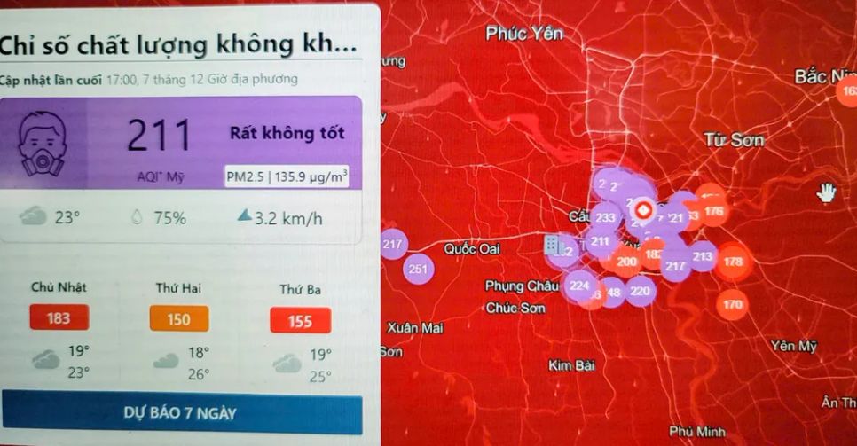Chỉ số AQI tại Hà Nội vào nhiều khu vực ở phía Bắc vào chiều 7-12 ở mức rất cao Chỉ số AQI tại Hà Nội vào nhiều khu vực ở phía Bắc vào chiều 7-12 ở mức rất cao