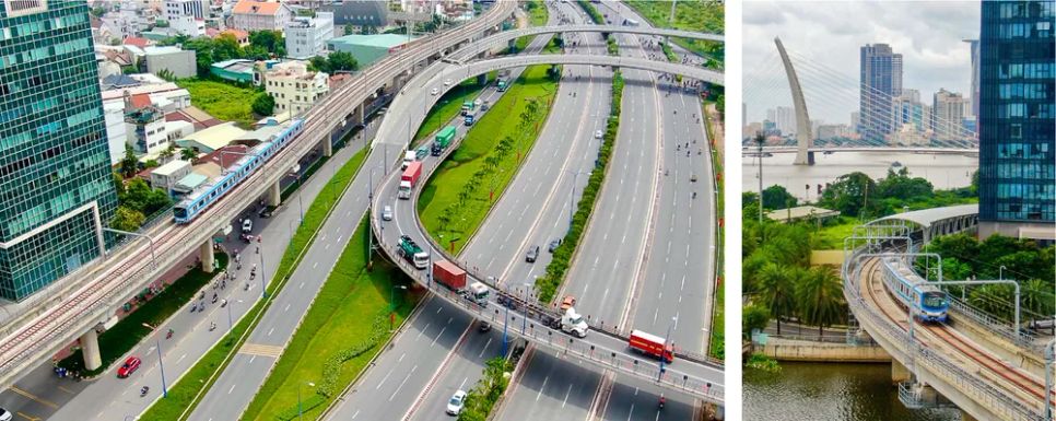Tàu metro Bến Thành – Suối Tiên di chuyển qua ngã ba Cát Lái (ảnh trái). Tàu metro rời ga Ba Son – điểm giao giữa đoạn ngầm và đoạn trên cao của tuyến metro số 1. Ảnh: HOÀNG HÙNG