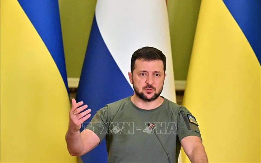 Tổng thống Ukraine Volodymyr Zelensky tại một cuộc họp báo ở thủ đô Kiev. Ảnh: TTXVN
