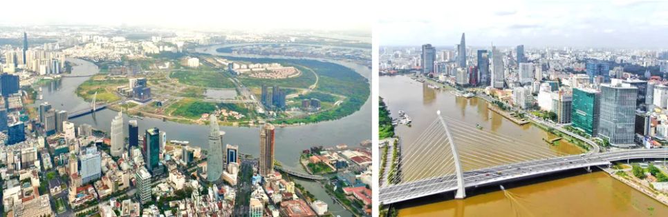TPHCM nhìn từ trên cao, hướng từ trung tâm qua khu đô thị mới Thủ Thiêm (ảnh trái). Cầu Ba Son hướng về trung tâm TPHCM. Ảnh: HOÀNG HÙNG