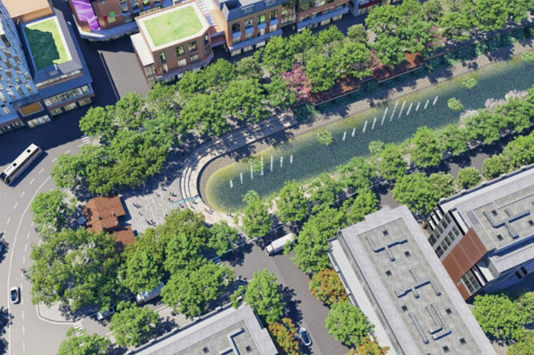 Phối cảnh dự án cải tạo, chỉnh trang, tái thiết công viên hai bên sông Tô Lịch nhìn từ trên cao