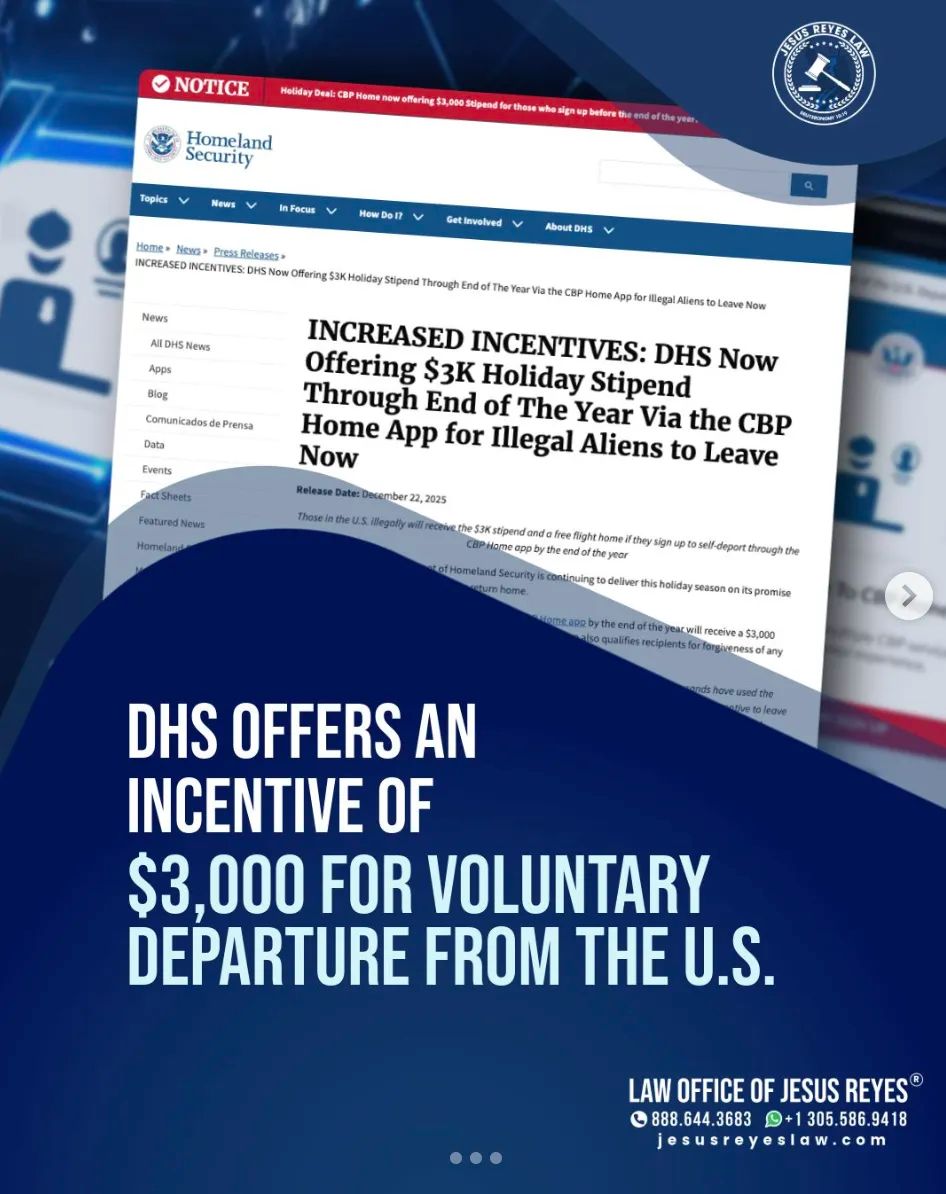 Bộ An ninh Nội địa Mỹ thông báo sẽ tăng gấp 3 lần khoản trợ cấp dành cho những người di cư chọn tự nguyện “trục xuất” khỏi Mỹ, lên mức 3.000 USD. Ảnh: INSTAGRAM