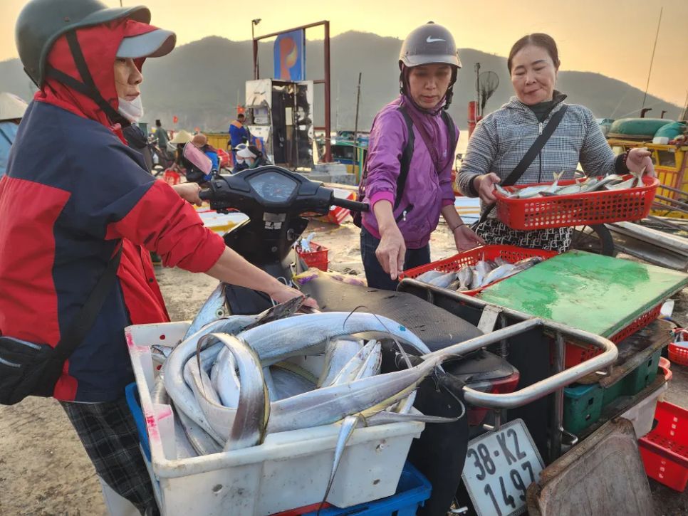 Cảnh mua bán hải sản tại cảng cá Cửa Sót