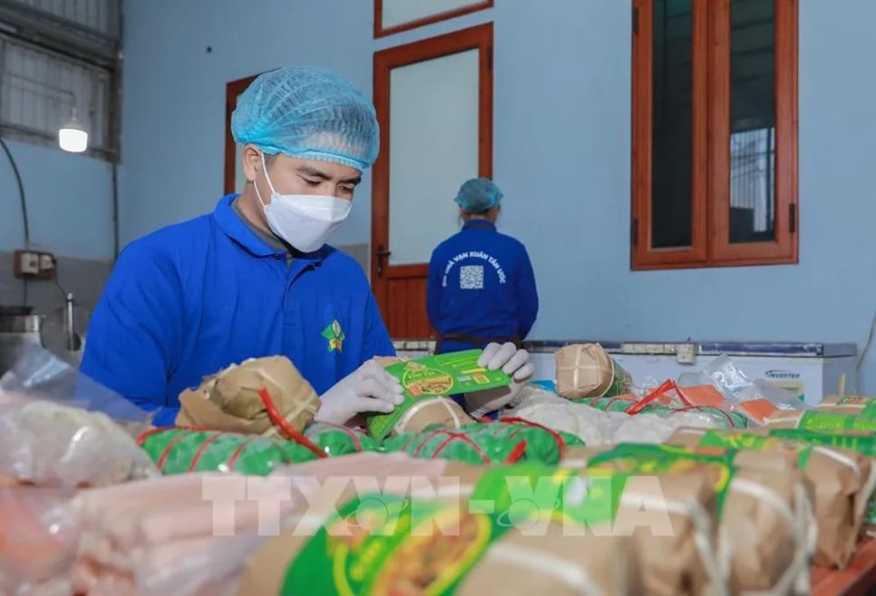Các sản phẩm giò chả Ước Lễ, Tân Ước với bao bì hiện đại, thân thiện môi trường đáp ứng yêu cầu của người tiêu dùng. Ảnh: Phan Phương – TTXVN