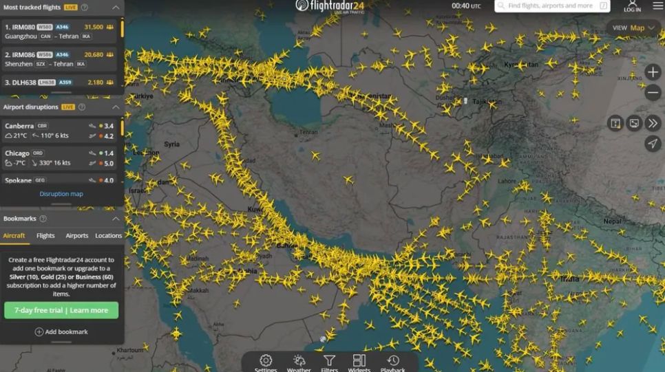 Iran đã tạm thời đóng cửa không phận đối với tất cả các chuyến bay vào lúc 17 giờ 15 phút ngày 14/1 theo giờ bờ Đông Mỹ (5 giờ 15 phút ngày 15/1 theo giờ Việt Nam). Ngoại lệ duy nhất là các chuyến bay quốc tế được cấp phép chính thức ra vào Iran. Ảnh minh họa: X@ Flightradar24