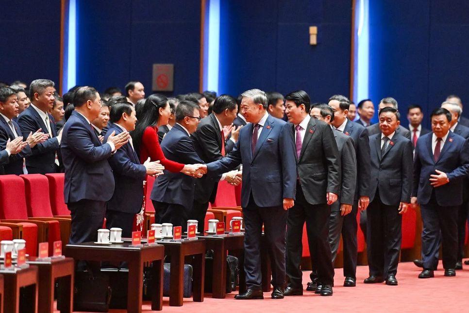 Các đồng chí lãnh đạo chủ chốt của Đảng, Nhà nước đến dự phiên họp trù bị Đại hội XIV của Đảng. Ảnh: Trang thông tin Đại hội Đảng XIV