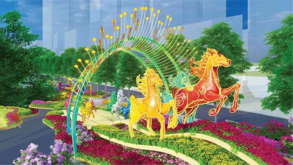 Thiết kế khu vực cổng chào đường hoa Nguyễn Huệ Tết Bính Ngọ 2026. Ảnh: BTC