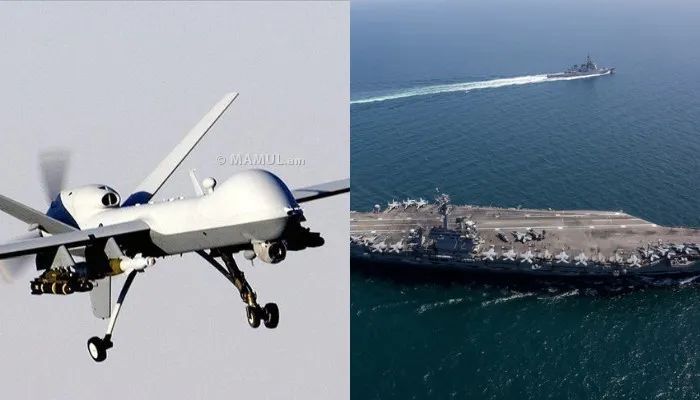 Ảnh minh họa UAV của Iran và tàu sân bay Mỹ USS Abraham Lincoln. Ảnh: MAMUL.AM