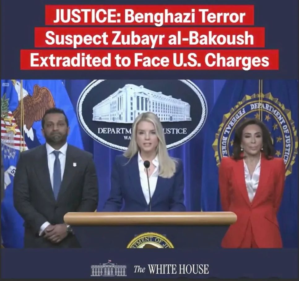 Bộ trưởng Bộ Tư pháp Mỹ Pam Bondi thông báo vụ bắt Zubayr al-Bakoush. Ảnh: THE WHITE HOUSE