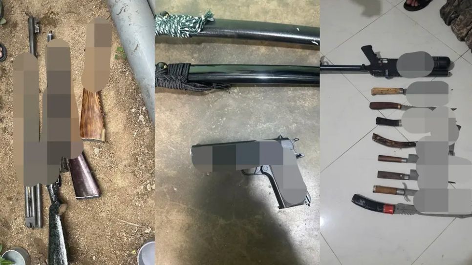 Một số khẩu súng và hung khí thu được tại nơi ở của Lê Trung Huy. Ảnh: CÔNG AN KHÁNH HÒA