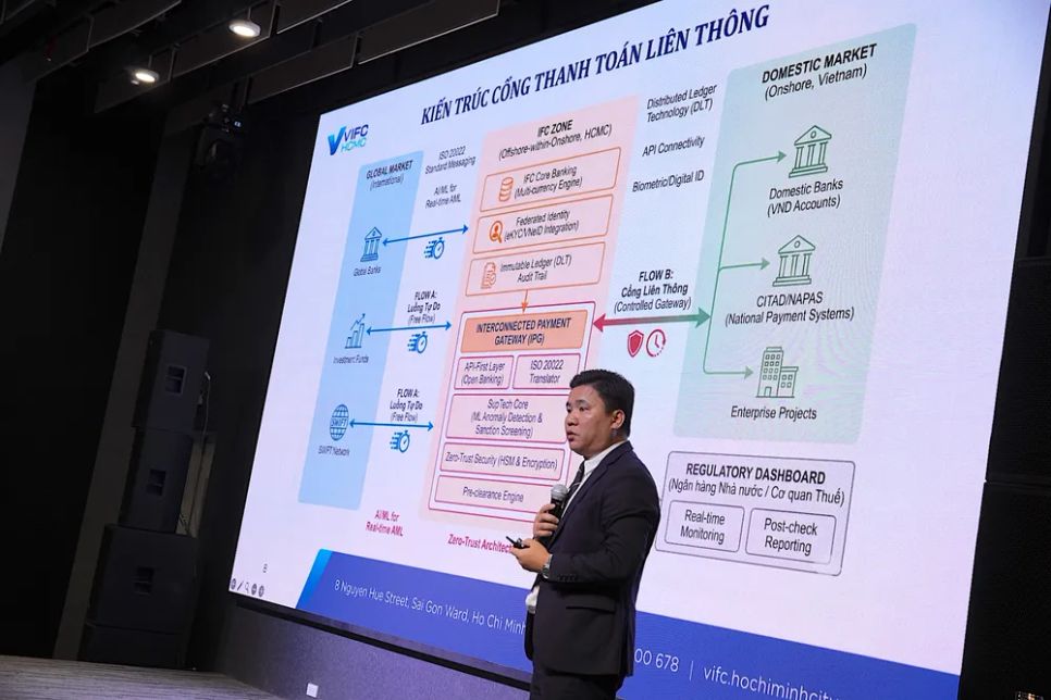 Ông Phạm Tuấn Anh trình bày định hướng của VIFC-HCM. Ảnh: QUANG HUY