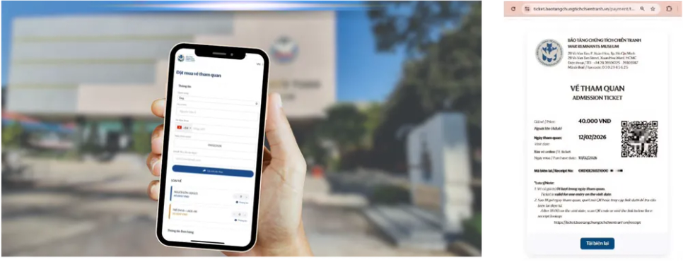 Hệ thống vé điện tử mới cho phép du khách chủ động lựa chọn thời gian tham quan và thanh toán qua các nền tảng trực tuyến đa dạng ngay trên website chính thức của bảo tàng (baotangchungtichchientranh.vn).