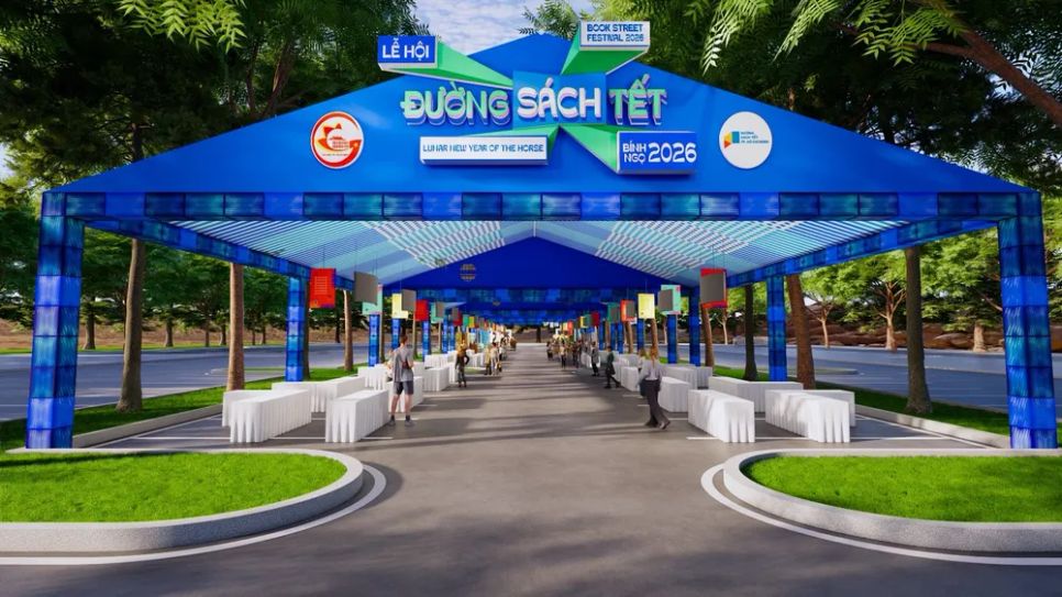 Phối cảnh Lễ hội Đường sách Tết Bính Ngọ 2026 tại khu vực Công viên Thành phố mới (phường Bình Dương)