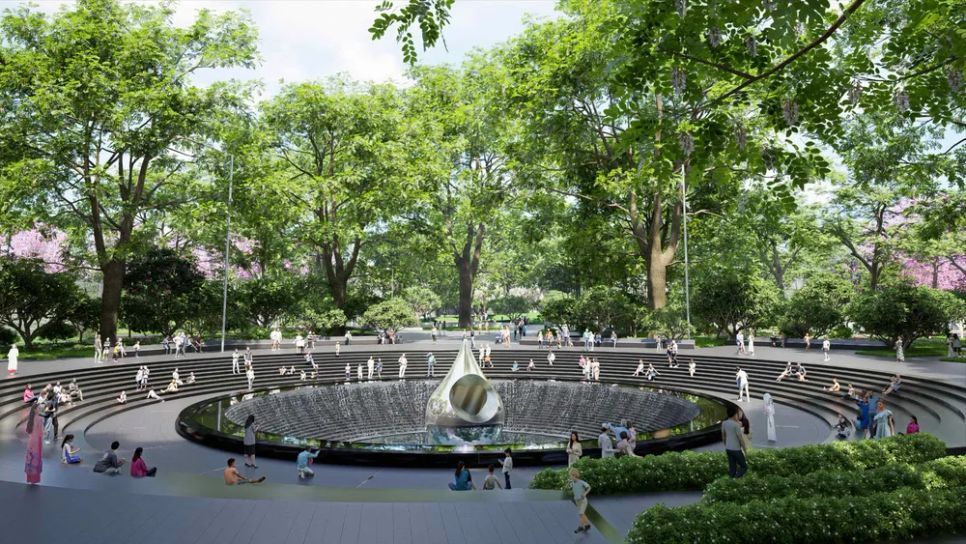 Phối cảnh không gian trung tâm công viên số 1 Lý Thái Tổ hoàn thiện, với biểu tượng “Giọt nước” là điểm nhấn