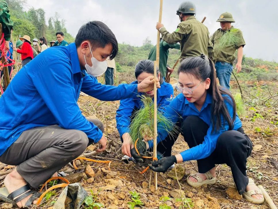 Đoàn viên thanh niên và lực lượng chức năng trồng cây đầu xuân ở Hà Tĩnh
