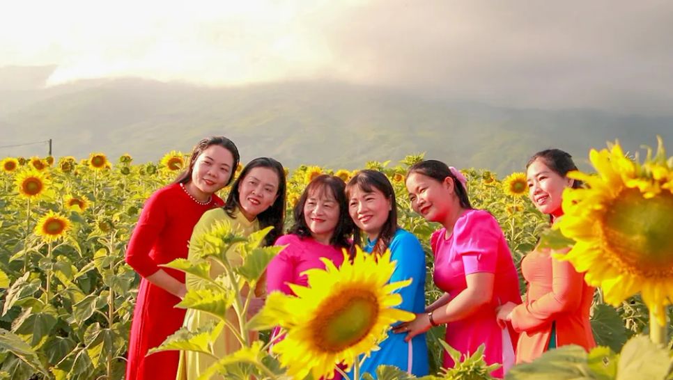 Du khách mặc áo dài ghi lại những bức hình bên cánh đồng hoa hướng dương đang nở rộ