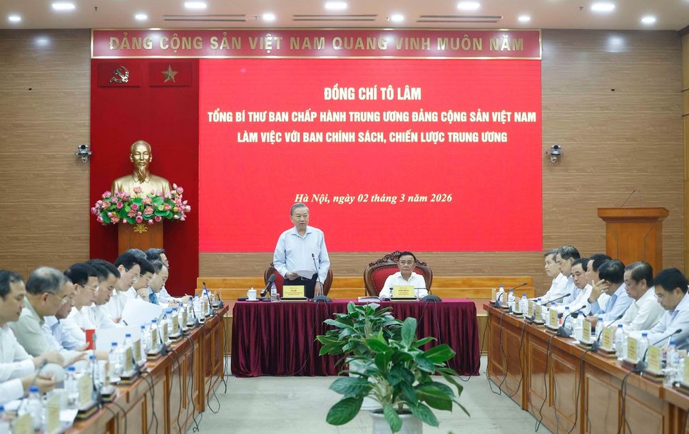 Tổng Bí thư Tô Lâm chủ trì làm việc với Ban Chính sách, Chiến lược Trung ương chiều 2/3. Ảnh: TTXVN Tổng Bí thư Tô Lâm chủ trì làm việc với Ban Chính sách, Chiến lược Trung ương chiều 2/3. Ảnh: TTXVN