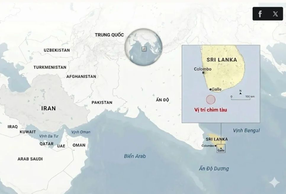 Vị trí tàu chiến Iran chìm ngoài khơi Sri Lanka. Ảnh: Anadolu Vị trí tàu chiến Iran chìm ngoài khơi Sri Lanka. Ảnh: Anadolu