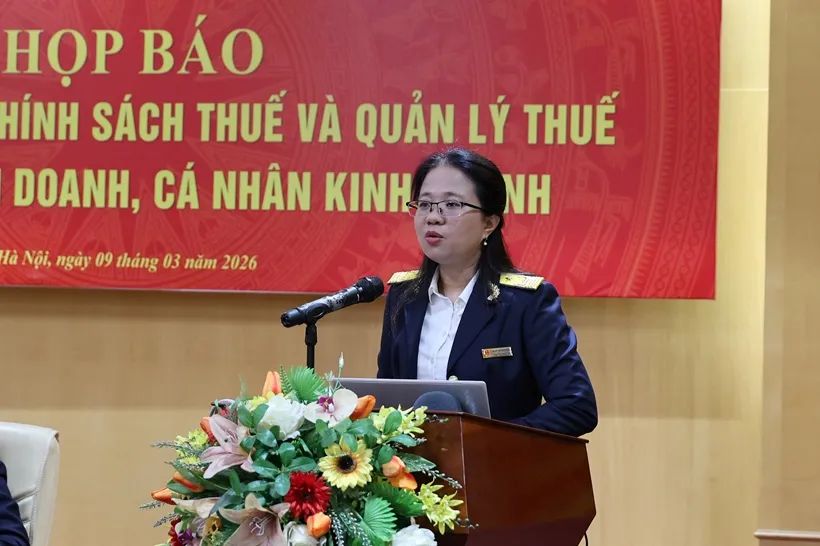 Bà Phạm Minh Hiền, Phó Trưởng Ban Chính sách, thuế quốc tế (Cục Thuế), phát biểu tại cuộc họp báo, ngày 9-3. Ảnh: L.T