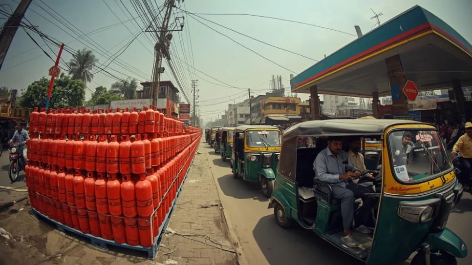 Tài xế phương tiện công cộng xếp hàng chờ đổ nhiên liệu ở Ấn Độ. Ảnh: Times Now