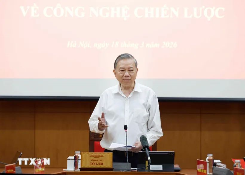 Tổng Bí thư Tô Lâm, Trưởng Ban Chỉ đạo Trung ương về phát triển khoa học, công nghệ, đổi mới sáng tạo và chuyển đổi số phát biểu tại phiên họp, chiều 18-3. Ảnh: TTXVN