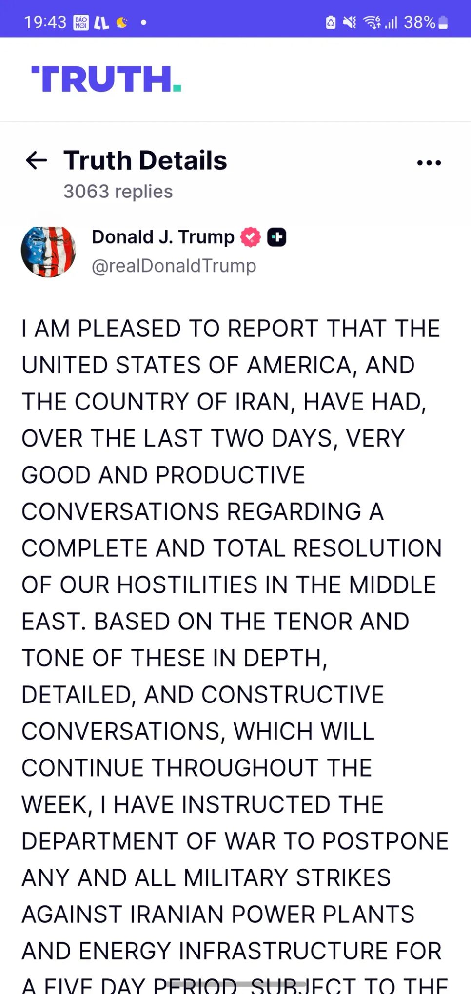 Tổng thống Mỹ Donald Trump thông báo trên Truth Social về quyết định tạm ngừng tấn công Iran 5 ngày. Ảnh: TRUTH SOCIAL