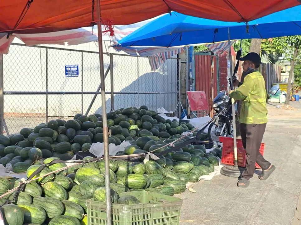 Người trồng dưa hấu ở tỉnh Tây Ninh bày bán trên lề đường Phan Văn Trị (phường An Nhơn) với giá chỉ từ 5.000 - 6.000 đồng/kg