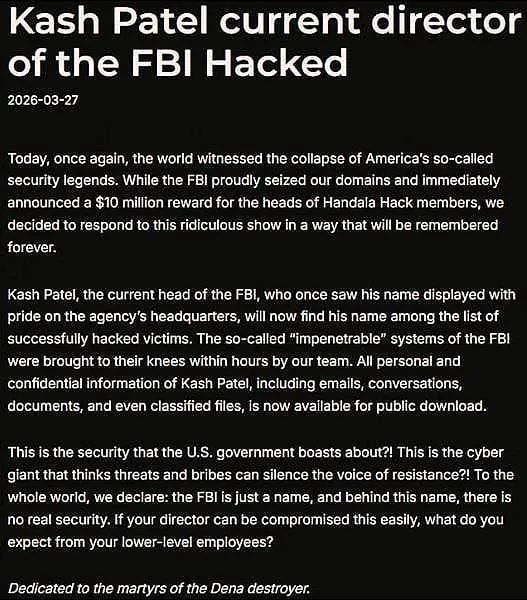 Nhóm hacker Handala thông báo về vụ hack hộp thư điện tử của Giám đốc FBI Patel. Nguồn: BleepingComputer Nhóm hacker Handala thông báo về vụ hack hộp thư điện tử của Giám đốc FBI Patel. Nguồn: BleepingComputer