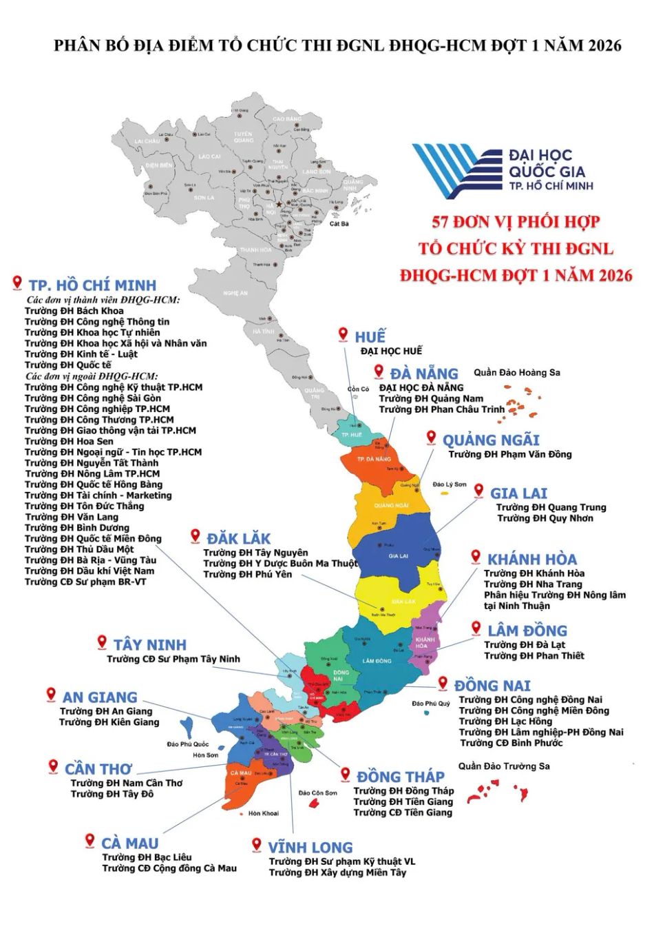 Bản đồ phân bố địa điểm kỳ thi ĐGNL đợt 1 do ĐHQG TPHCM tổ chức ngày 5-4 - Ảnh: THANH HÙNG