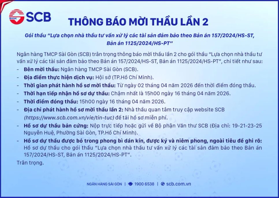Thông báo mời thầu lần 2 trên website SCB