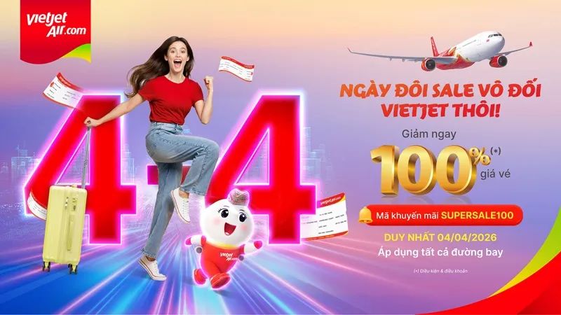 Vietjet khuyến mại 100% giá vé ngày đôi 4-4