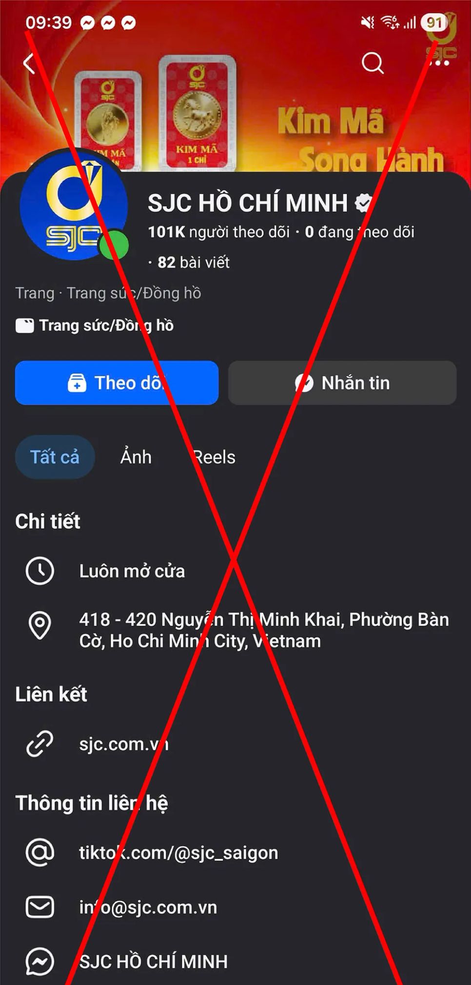 Fanpage giả mạo công ty SJC để lừa đảo