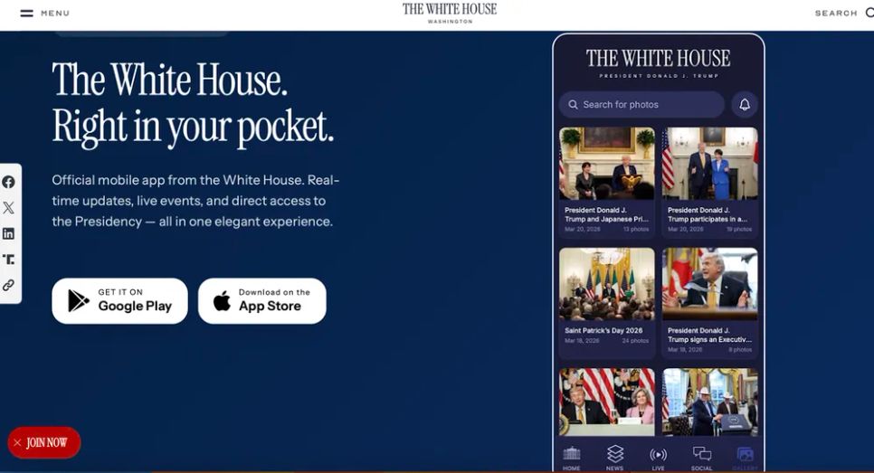 Ứng dụng truyền thông của Nhà Trắng được giới thiệu trên trang thông tin của Nhà Trắng. Ảnh: THE WHITE HOUSE
